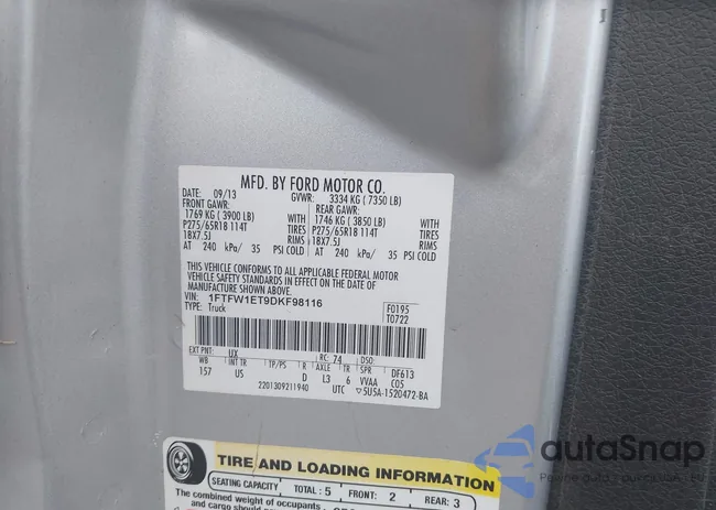 1FTFW1ET9DKF98116: 43956627