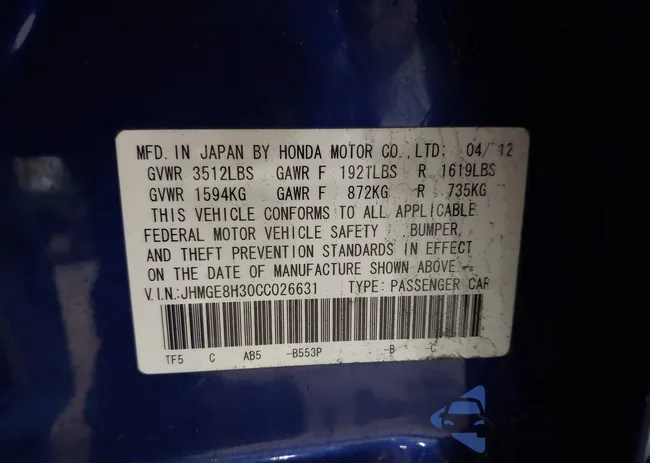 JHMGE8H30CC026631: 43958104