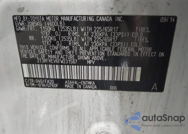 2T3RFREV6FW231567: 43958161