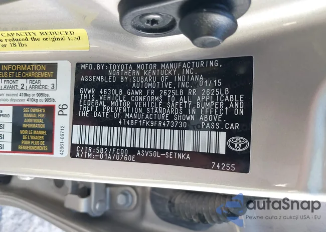 4T4BF1FK9FR473730: 43957423