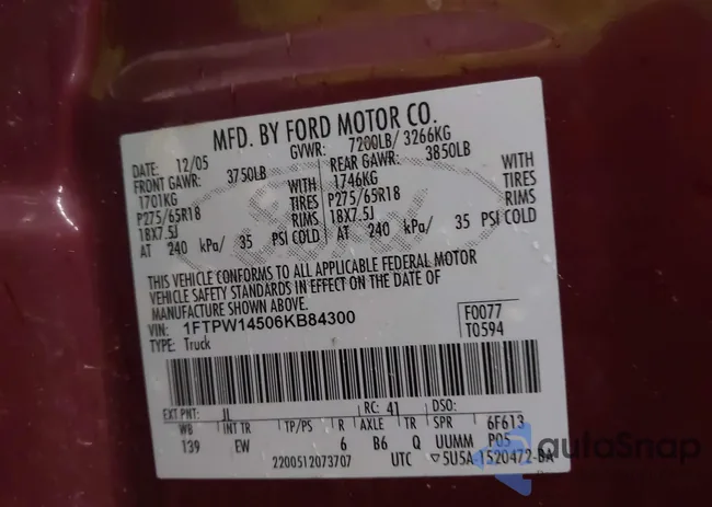 1FTPW14506KB84300: 43957754