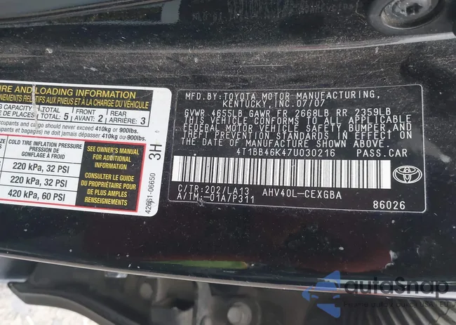 4T1BB46K47U030216: 43959043