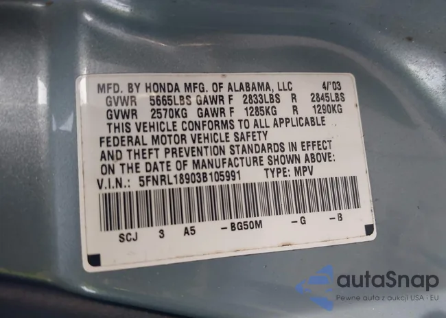 5FNRL18903B105991: 43958737