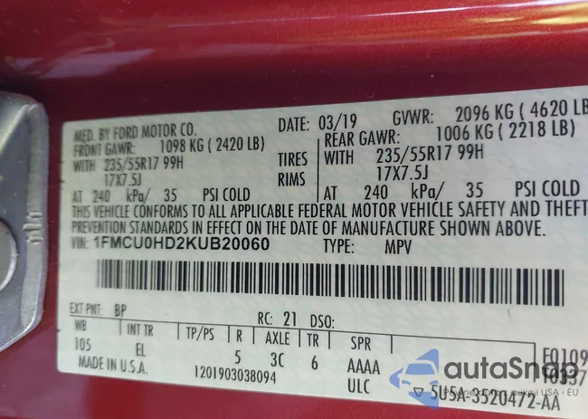 1FMCU0HD2KUB20060: 43959909