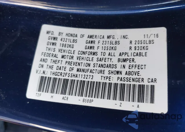 1HGCR2F55HA113273: 43960028