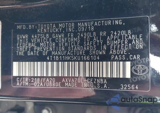 4T1B11HK5KU166104: 43960806