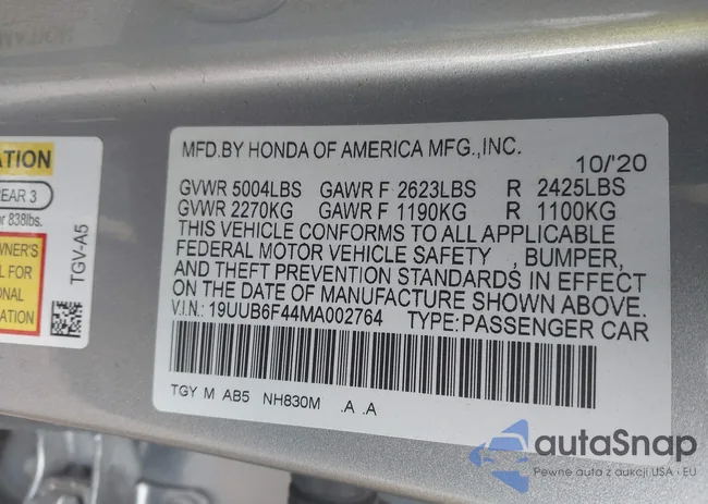 19UUB6F44MA002764: 43960842