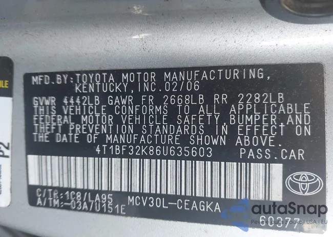 4T1BF32K86U635603: 43962588