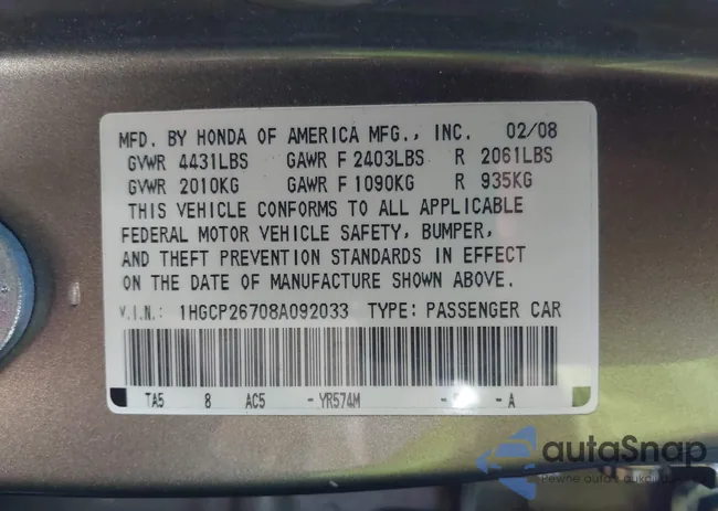 1HGCP26708A092033: 43965307