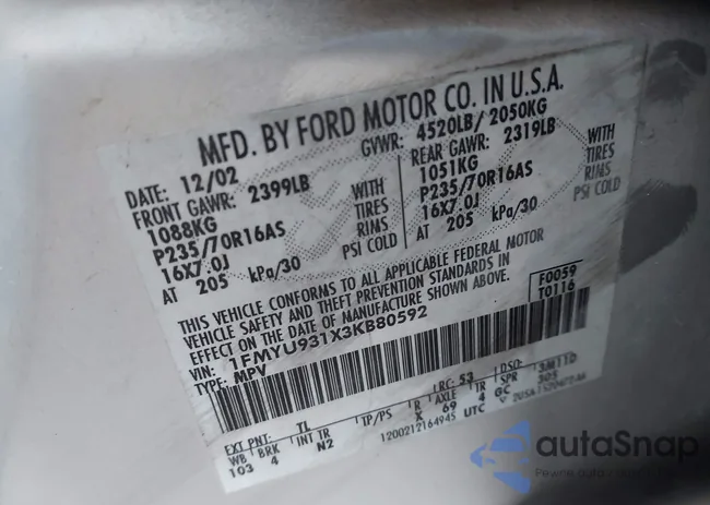 1FMYU931X3KB80592: 43964626