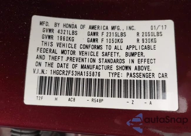 1HGCR2F53HA155876: 43965712