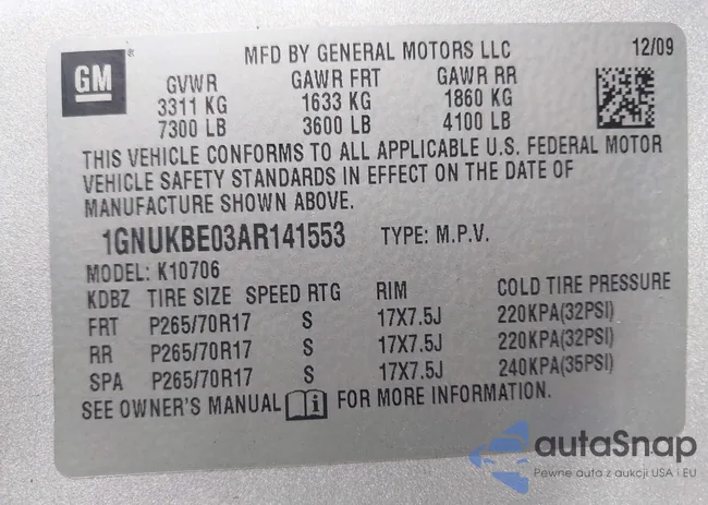 1GNUKBE03AR141553: 43966924