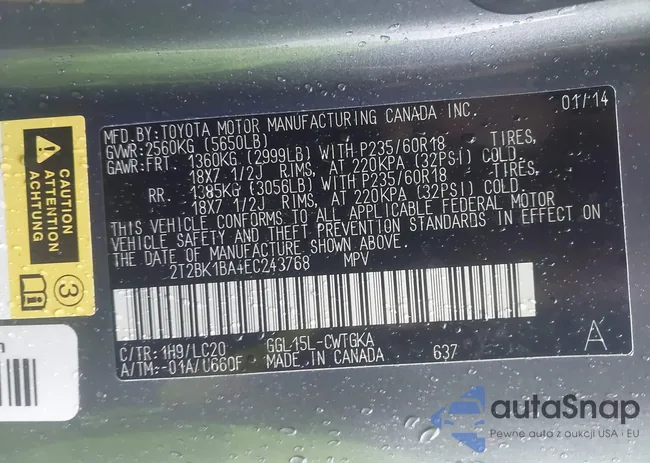 2T2BK1BA4EC243768: 43967583