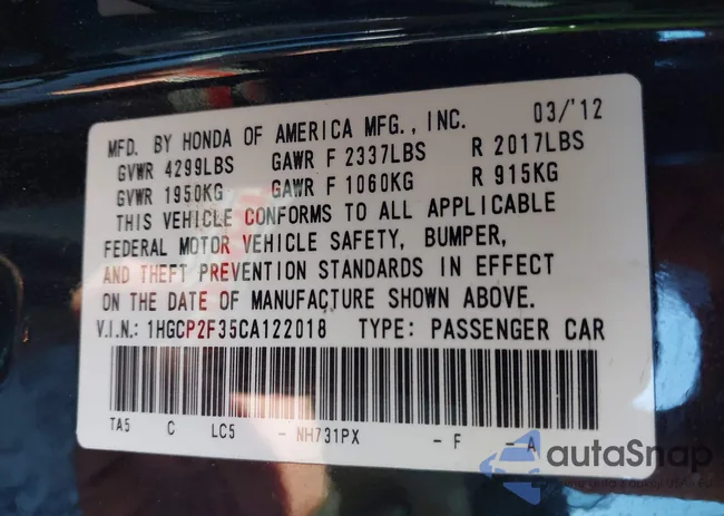 1HGCP2F35CA122018: 43967610