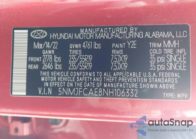 5NMJFCAE8NH106332: 43967636