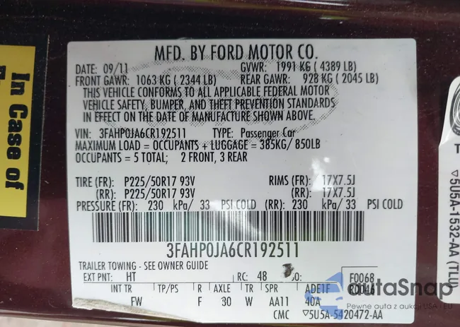 3FAHP0JA6CR192511: 43969077