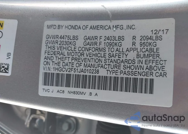 1HGCV2F51JA010238: 43968483