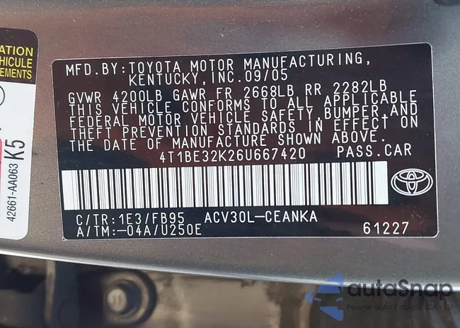 4T1BE32K26U667420: 43970153