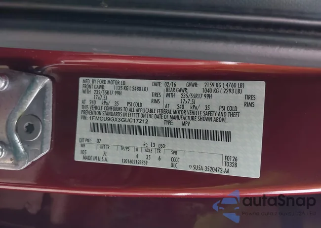 1FMCU9GX3GUC17212: 43970178