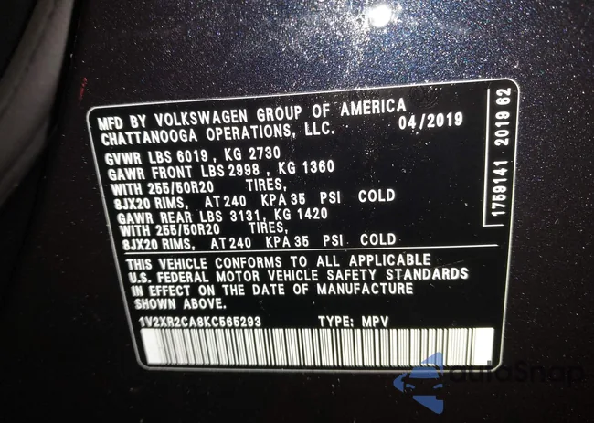 1V2XR2CA8KC565293: 43971349