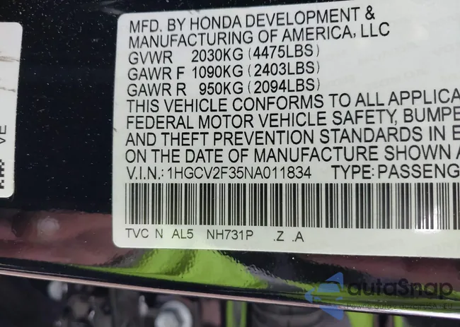 1HGCV2F35NA011834: 43973082