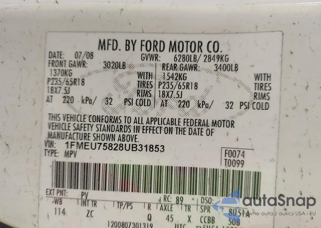 1FMEU75828UB31853: 43973348