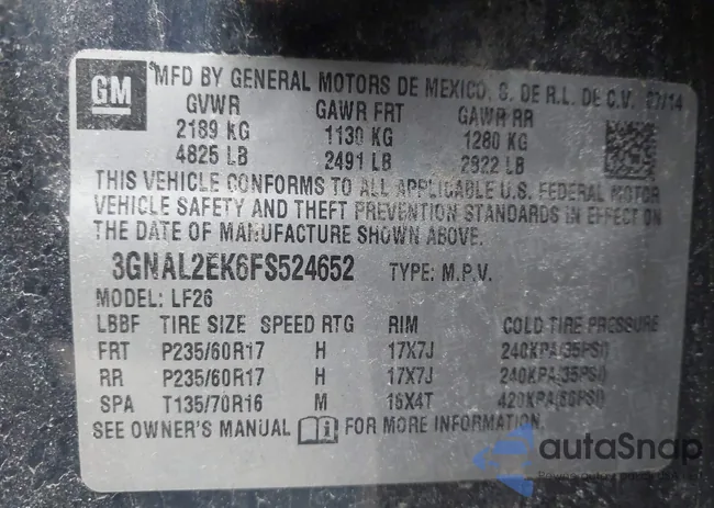 3GNAL2EK6FS524652: 43974616