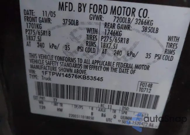 1FTPW14576KB53545: 43978728