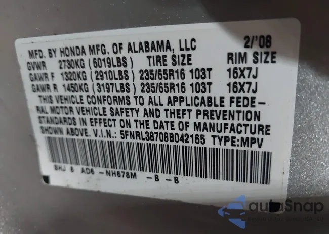 5FNRL38708B042165: 43982714