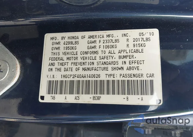 1HGCP2F40AA140626: 43984889