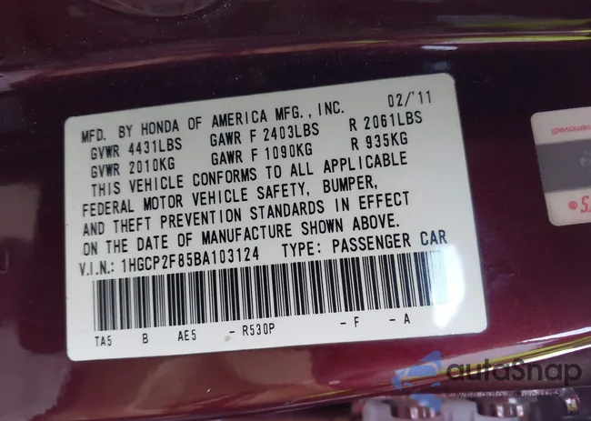 1HGCP2F85BA103124: 43985959