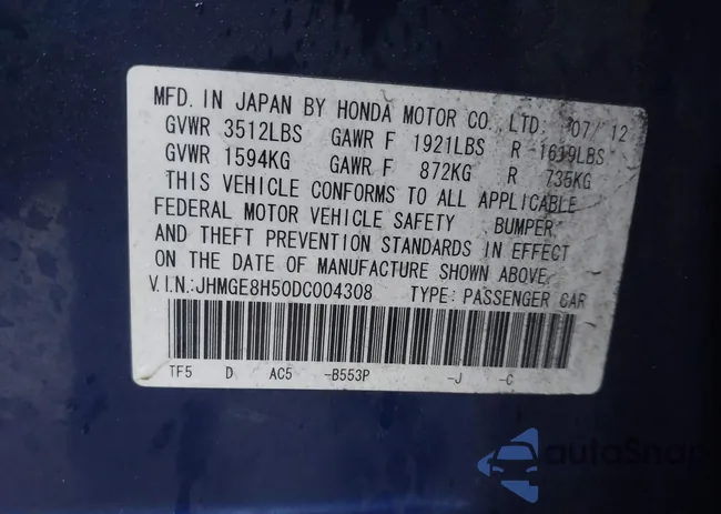 JHMGE8H50DC004308: 43986758