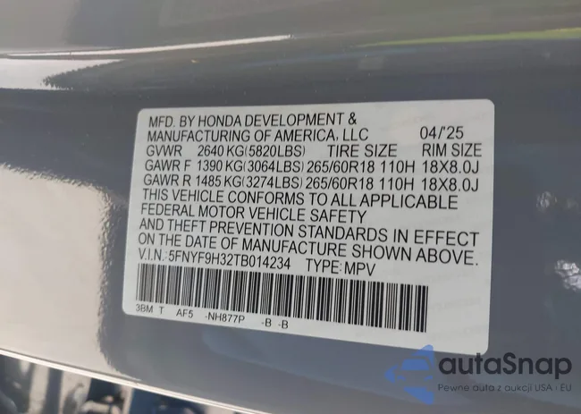 5FNYF9H32TB014234: 43987185