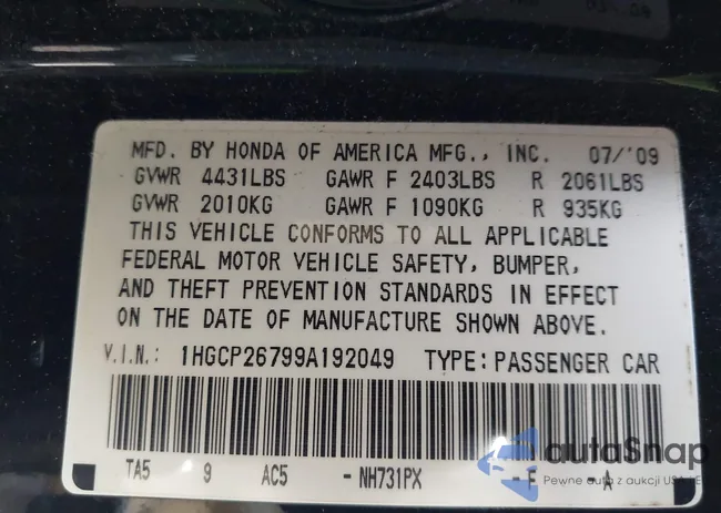 1HGCP26799A192049: 43986334