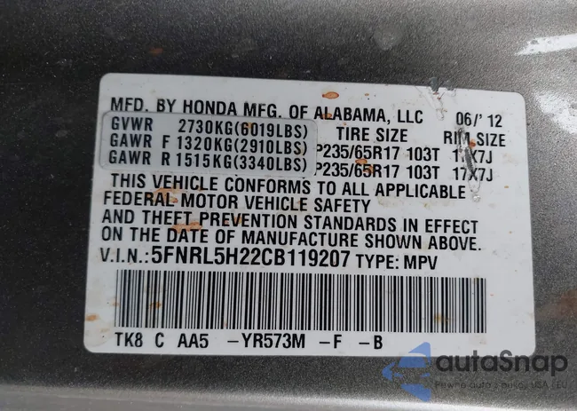 5FNRL5H22CB119207: 43987900