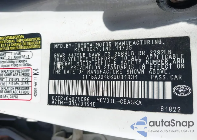 4T1BA30K86U091931: 43988983