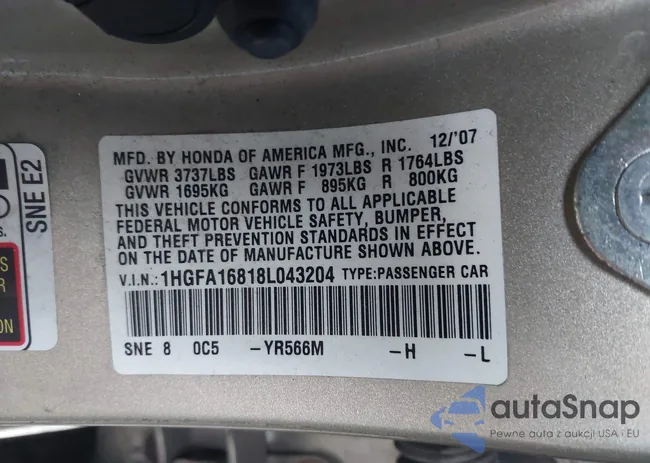 1HGFA16818L043204: 43990183