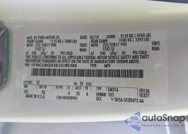 1FMCU9GX3EUC86365: 43989542