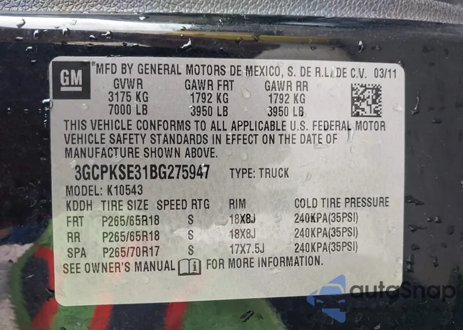 3GCPKSE31BG275947: 43991239