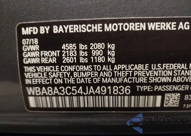WBA8A3C54JA491836: 43991273