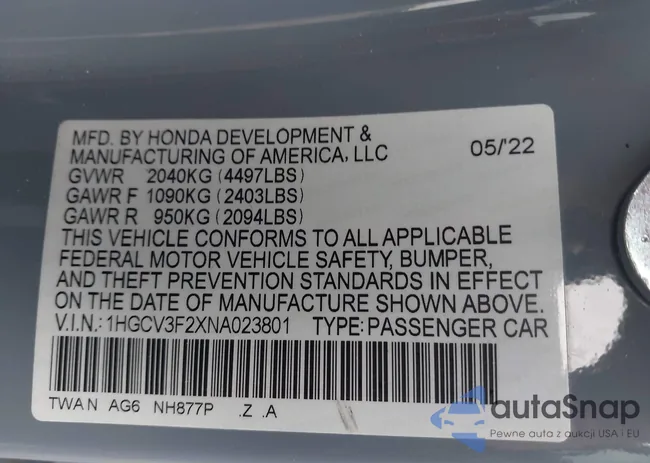 1HGCV3F2XNA023801: 43990439