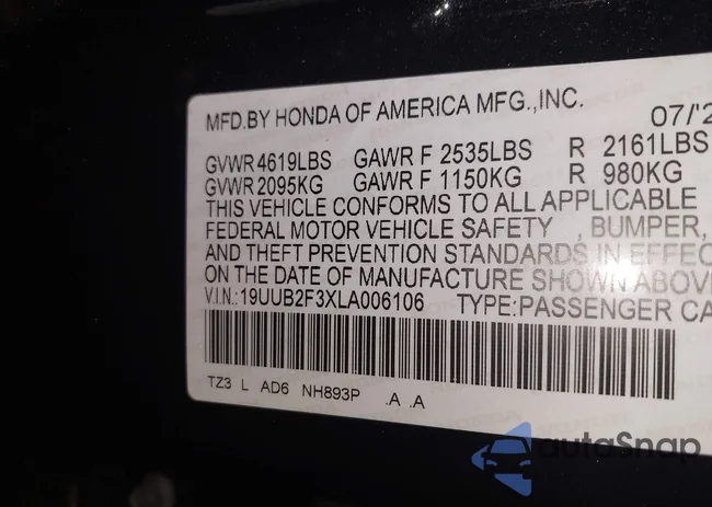 19UUB2F3XLA006106: 43994768