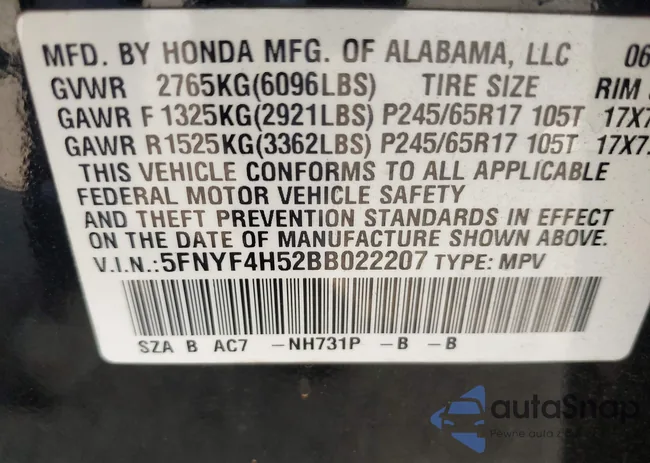 5FNYF4H52BB022207: 43994522