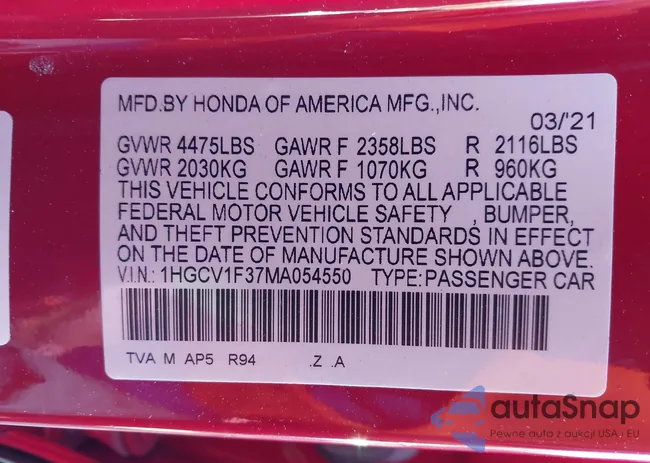 1HGCV1F37MA054550: 43994633