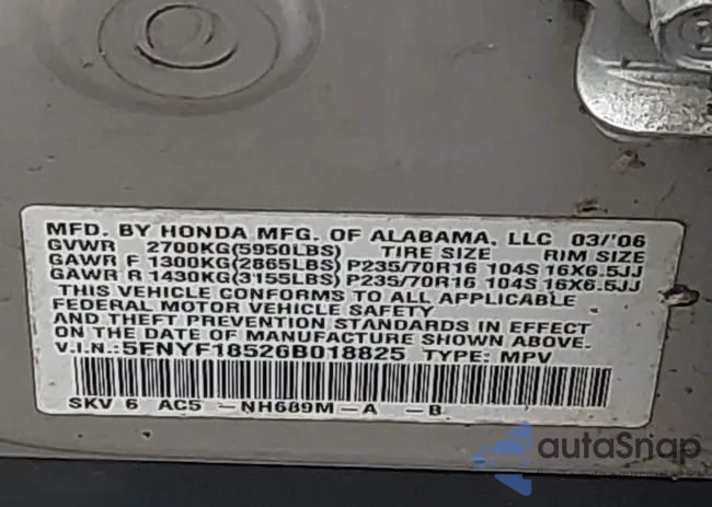 5FNYF18526B018825: 43995346