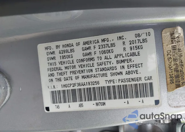 1HGCP2F36AA193256: 43998395