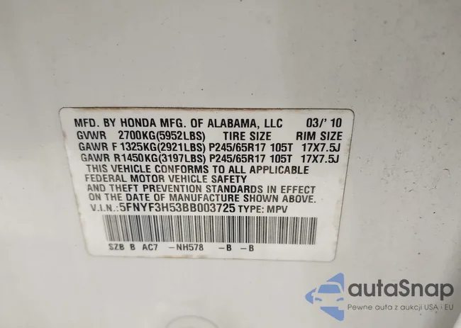 5FNYF3H53BB003725: 43999950