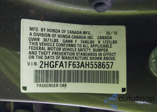 2HGFA1F63AH558657: 44003149