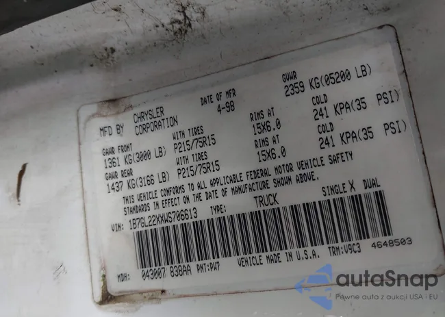 1B7GL22XXWS706613: 44005022