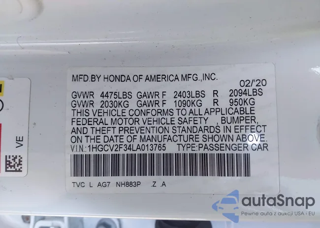 1HGCV2F34LA013765: 44004593